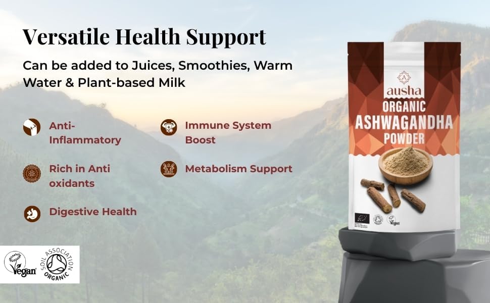 Ausha Organic Ashwagandha Powder - Certified Organic By Soil Association - NON GMO