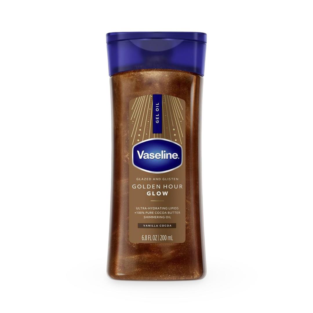 Vaseline Glazed and Glisten Golden Hour Body Gel Oil Glow Vanilla Cocoa Shimmering with Ultra-Hydrating Lipids and 100% Pure Cocoa Butter 200ML