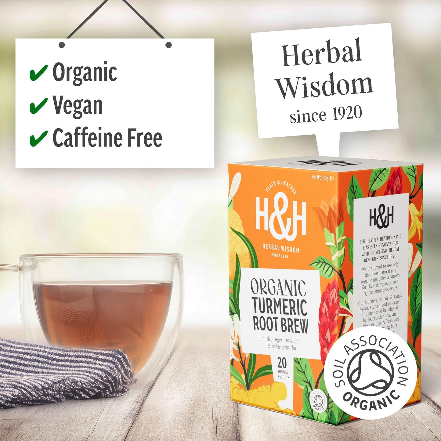 Heath & Heather - Organic Turmeric Root Brew with Ginger & Ashwagandha • Spicy Adaptogenic Herbal Blend • Naturally Caffeine-Free • Vegan