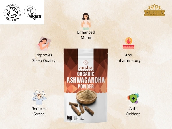 Ausha Organic Ashwagandha Powder - Certified Organic By Soil Association - NON GMO