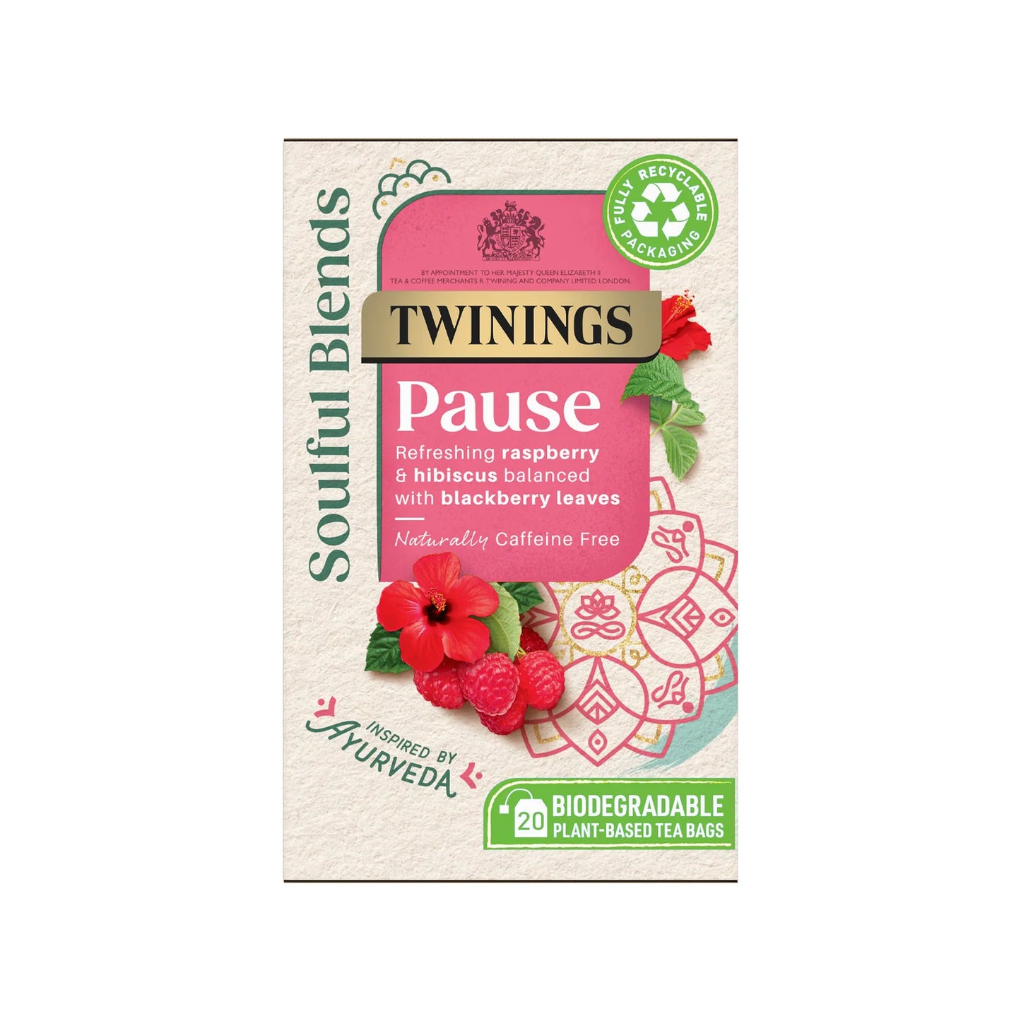 Twinings Soulful Blends Pause Inspired by Ayurveda - Refreshing Raspberry & Hibiscus Herbal Tea Infusion with Blackberry Leaves - 20 x Biodegradable Tea Bags