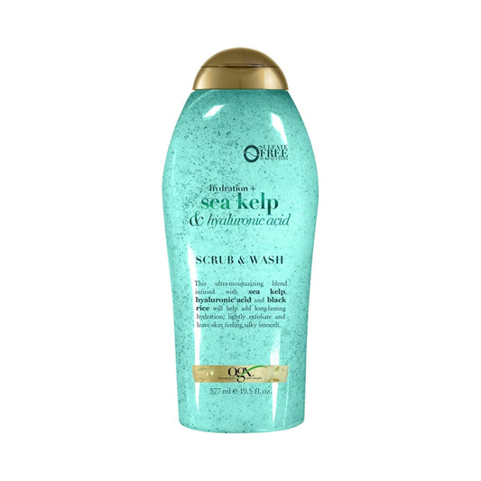 OGX Sulfate-Free Hydration + Sea Kelp & Hyaluronic Acid Lightly Moisturizing Body Scrub with Black Rice, Gentle Exfoliating Daily Body Wash to Soften & Smooth Skin, 19.5 Fl Oz