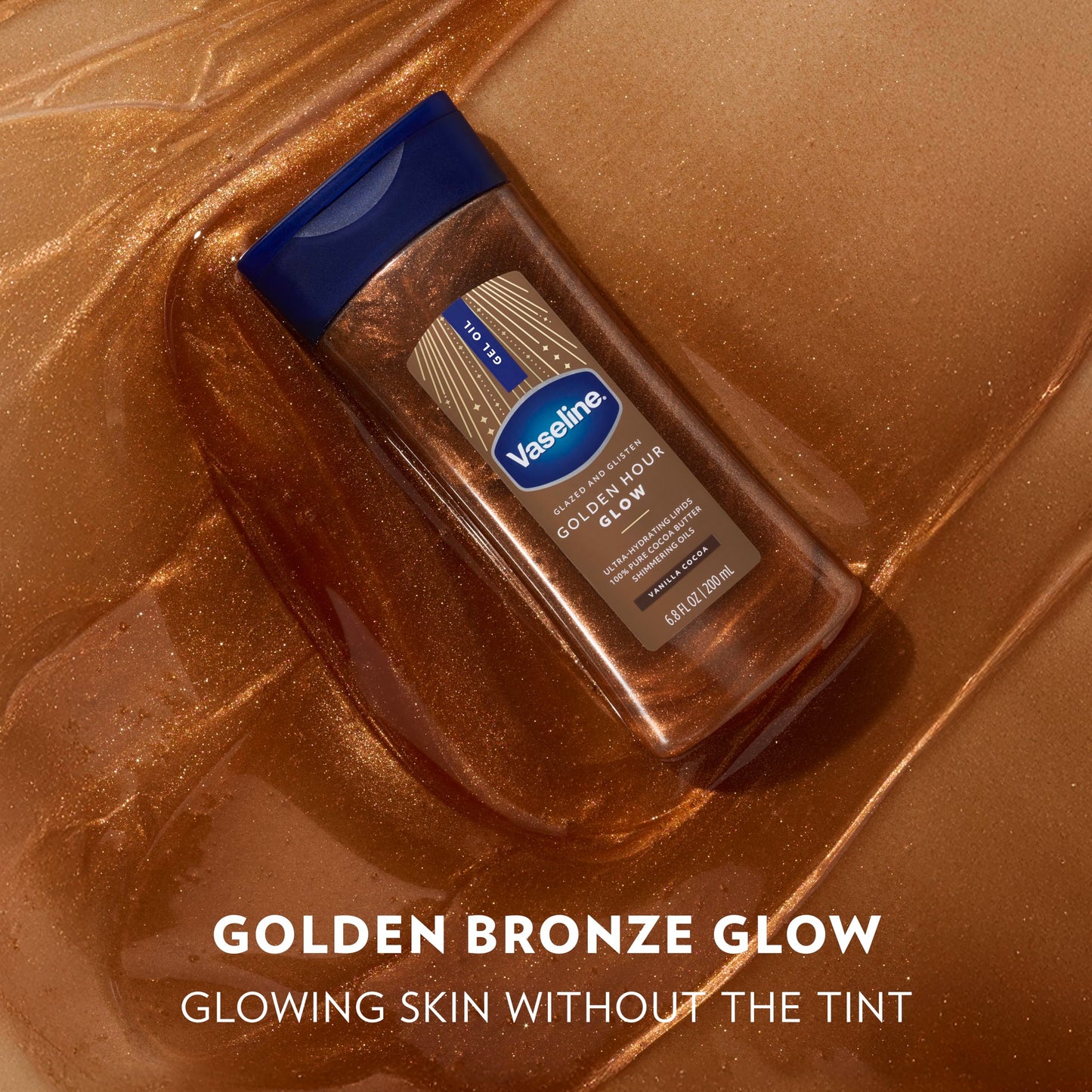 Vaseline Glazed and Glisten Golden Hour Body Gel Oil Glow Vanilla Cocoa Shimmering with Ultra-Hydrating Lipids and 100% Pure Cocoa Butter 200ML