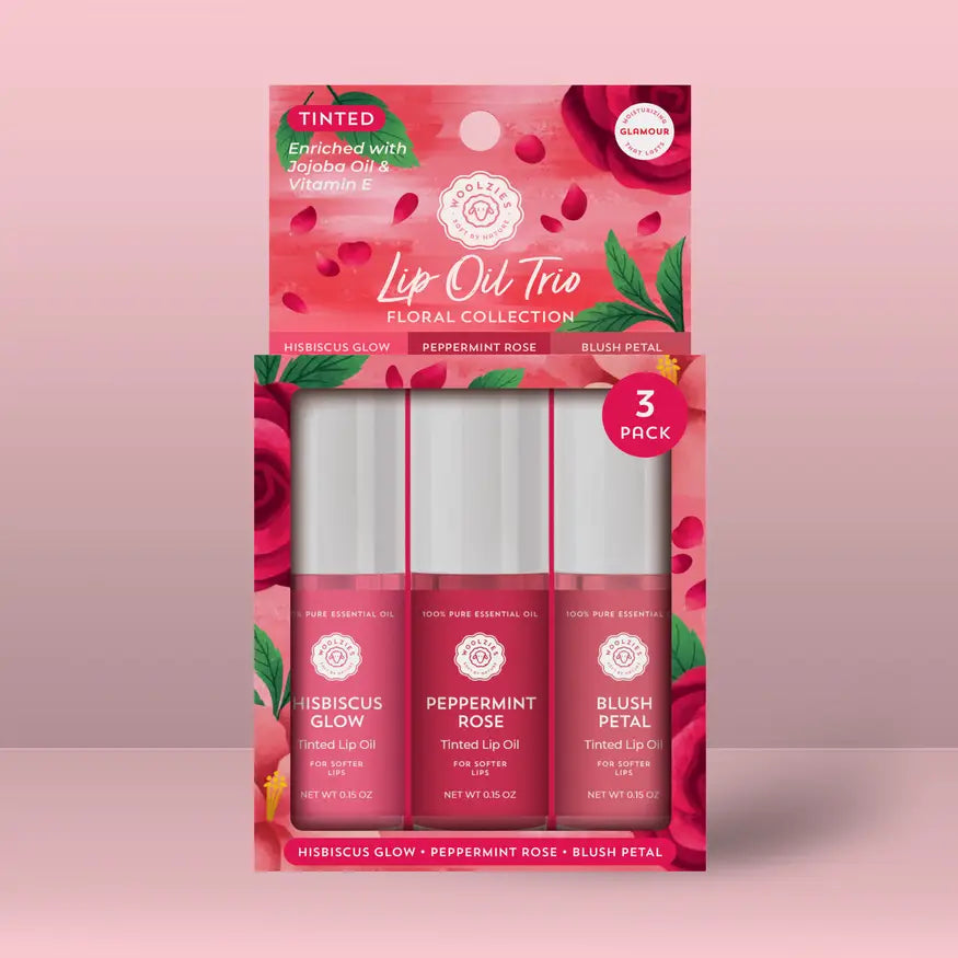 Woolzies Tinted Lip Oil Trio - Hibiscus Glow - Peppermint Rose - Blush Petal- x3 0.15 oz