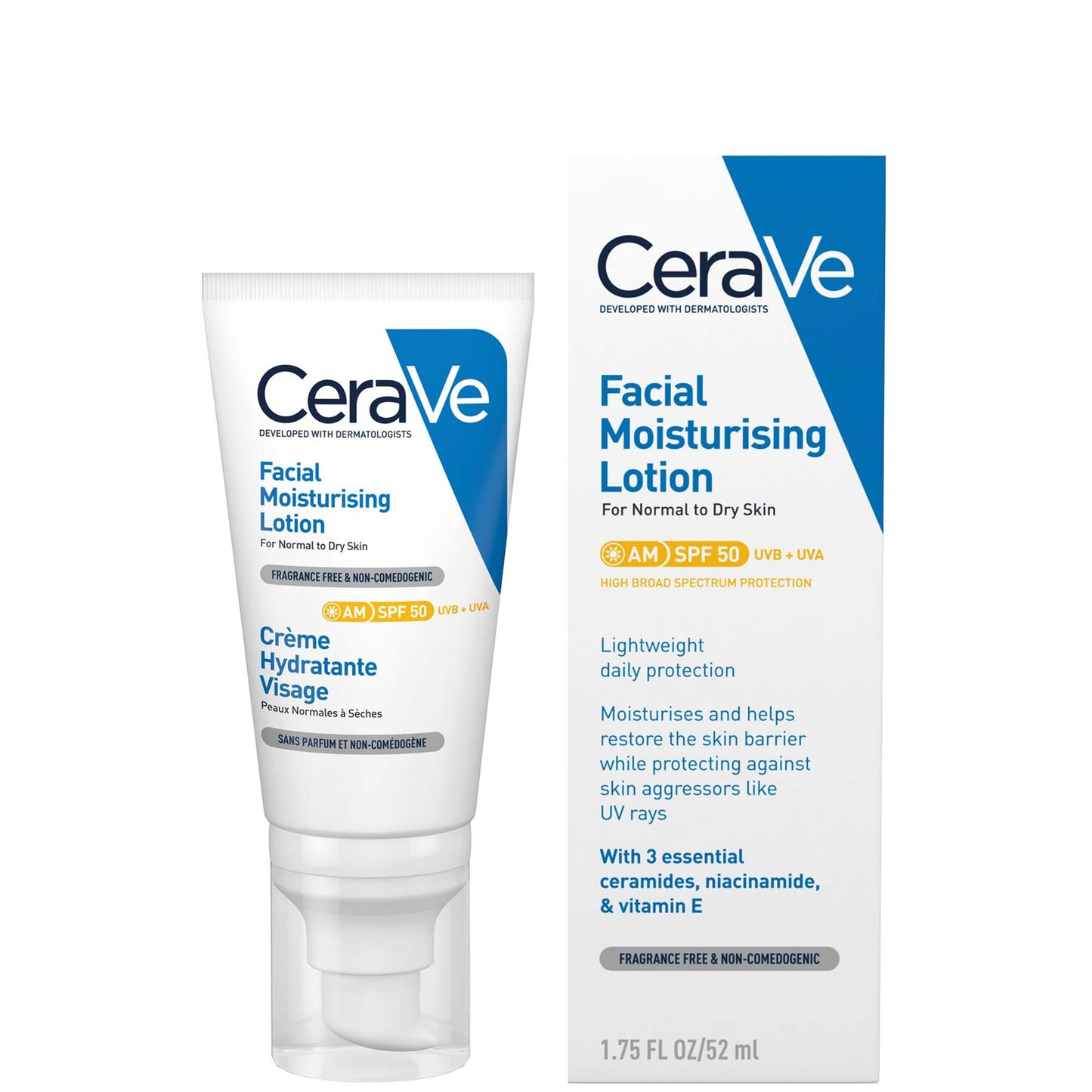CeraVe AM Facial Moisturising Lotion SPF50 with UV protection and 3 essential Ceramides & Vitamin E for Normal to Dry Skin 52ML