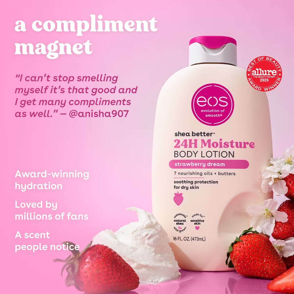 eos Shea Better 24H Moisture Body Lotion - Strawberry Dream - 16 fl oz: Whole Body, Bottle, Normal Skin